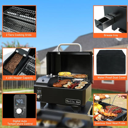 Portable Wood Pellet Grill And Smoker, Electric Outdoor 8-in-1 Tabletop Grills For RV Camping Tailgating RV Cooking Bbq