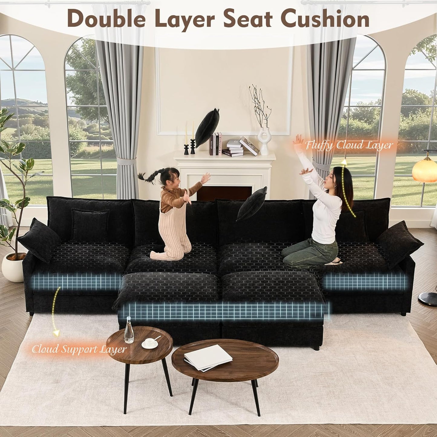 108 In. U Shape Sofa Sectional Sofa Comfortable Cloud Sofa With Removable Footstool