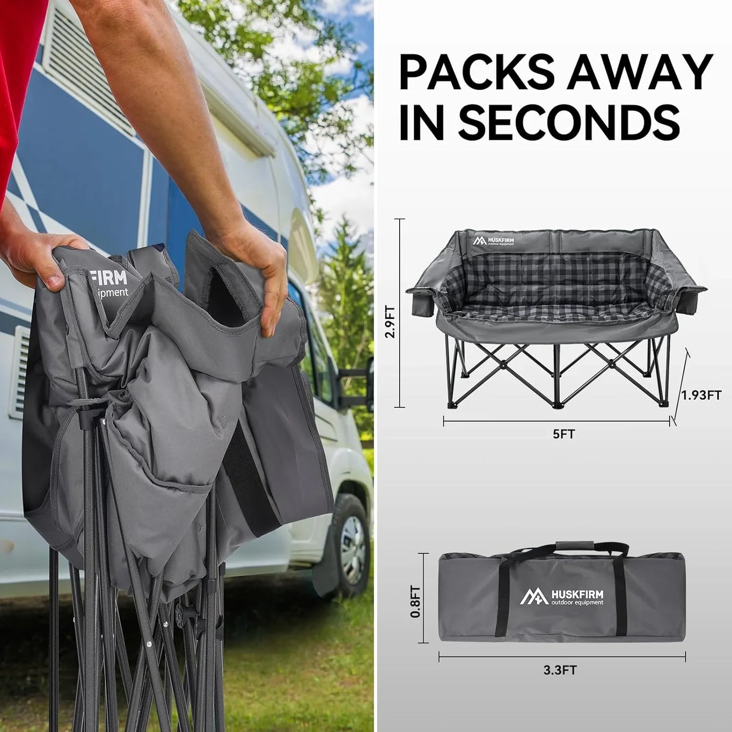 Double Camping Chairs Padded Loveseat Chair For 2 Person- Heavy Duty Oversized Camping Couch For Adults Outdoor Lawn Beach- Portable Folding