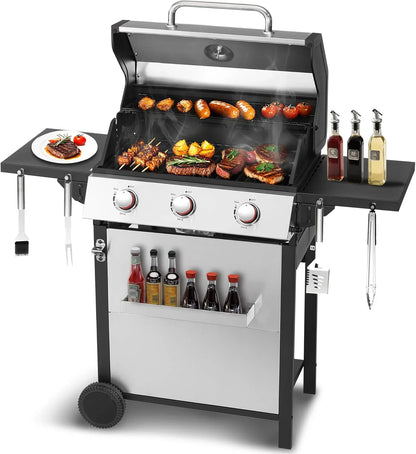 3-Burner Propane Gas Grill With 30,000 BTU Output- Double-Layer Stainless Steel Grill Lid, Cast Iron Cooking Grids