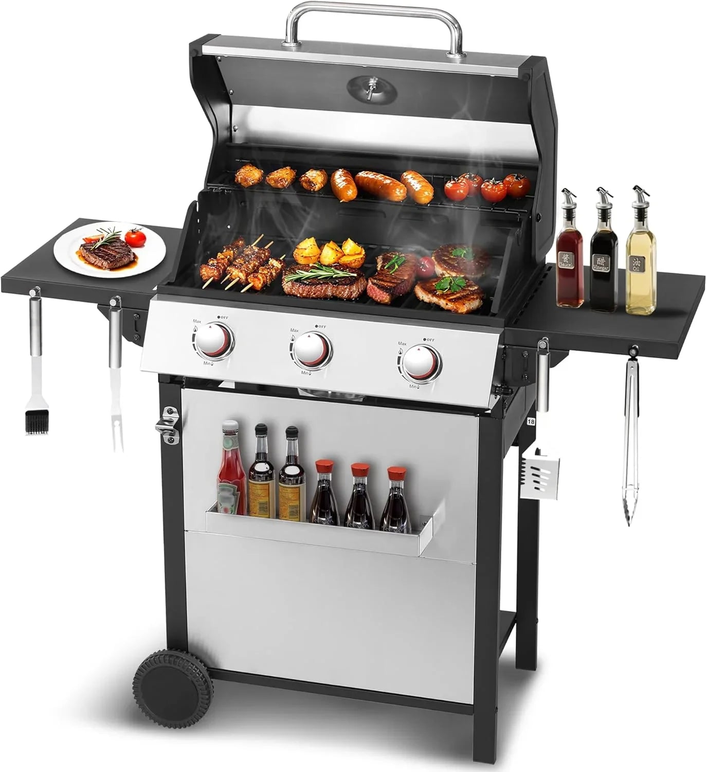 3-Burner Propane Gas Grill With 30,000 BTU Output- Double-Layer Stainless Steel Grill Lid, Cast Iron Cooking Grids