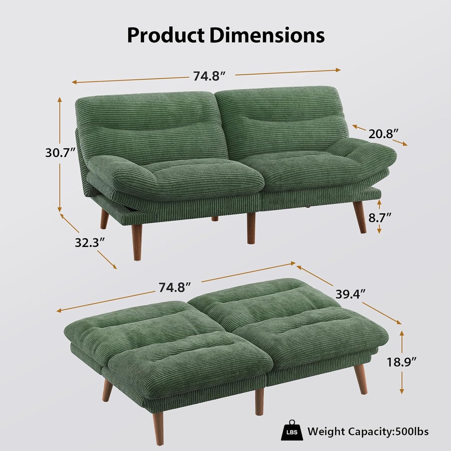 Pipishell Convertible Futon Sofa Bed, 66 In. Corduroy Futon Couch With Adjustable Backrest And Armrests, Recliner Sleeper Sofa For Small Spaces