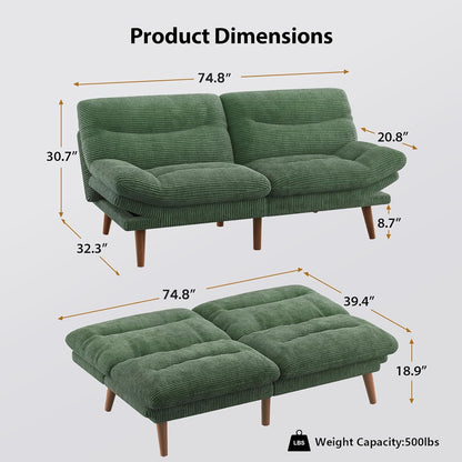 Pipishell Convertible Futon Sofa Bed, 66 In. Corduroy Futon Couch With Adjustable Backrest And Armrests, Recliner Sleeper Sofa For Small Spaces