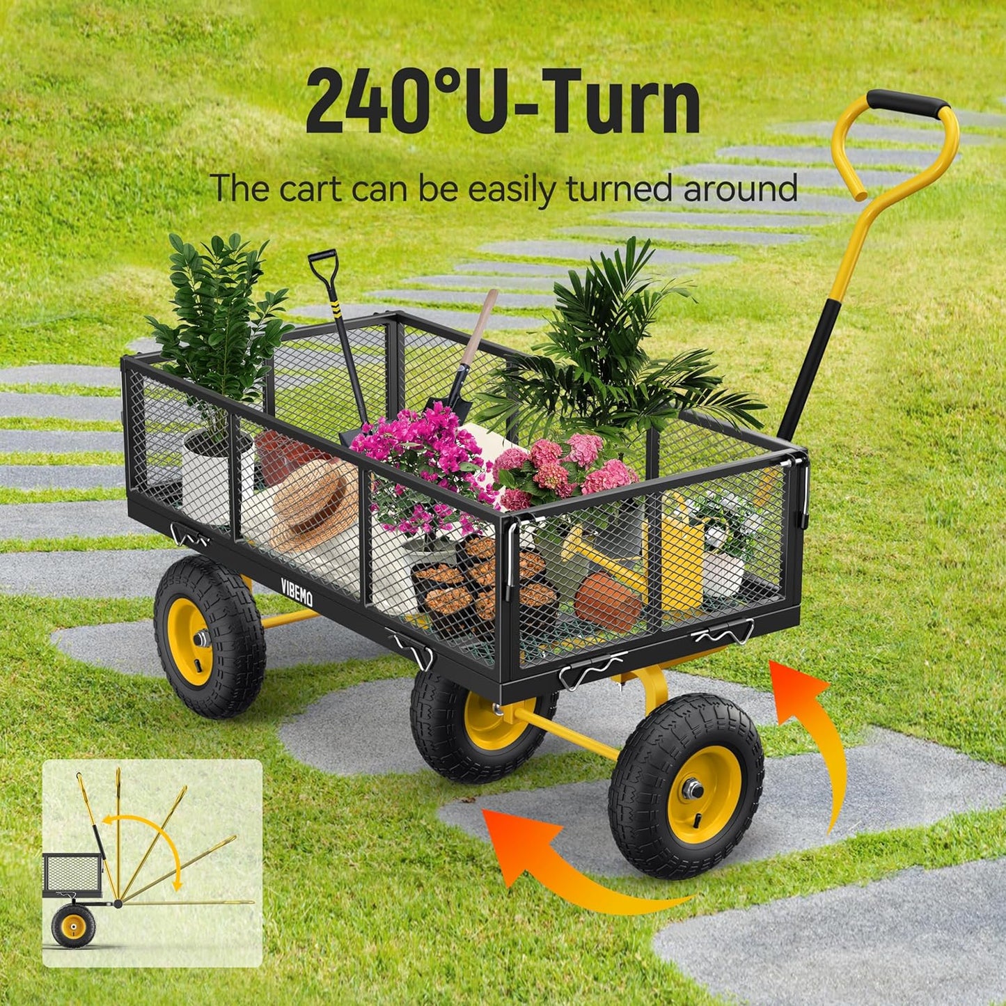 Steel Garden Cart 2-in-1 1400 Lbs Heavy Duty Utility Wagon With Removable Mesh Sides To Convert Into Flatbed 240 U-Turn 13 In. Pneumatic Tires