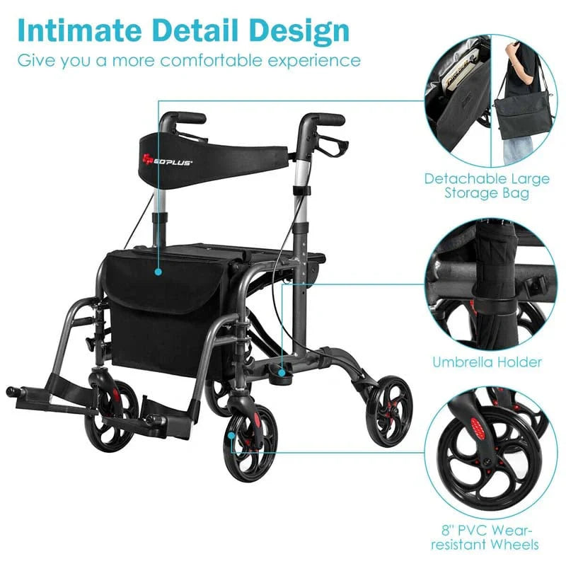 2-in-1 Rollator Walker Wheelchair Folding Medical Walker Aluminum Transport Chair Mobility Walking Aid- Comfortable And Ergonomic Design