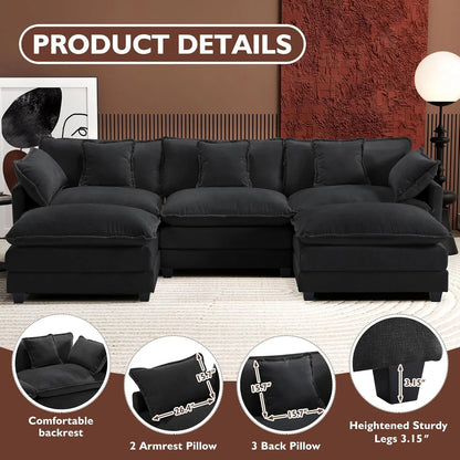 Ihanherry 146 In. U-Shaped Modern Sofa Modular Sectional Cloud Couch With 2 Ottoman