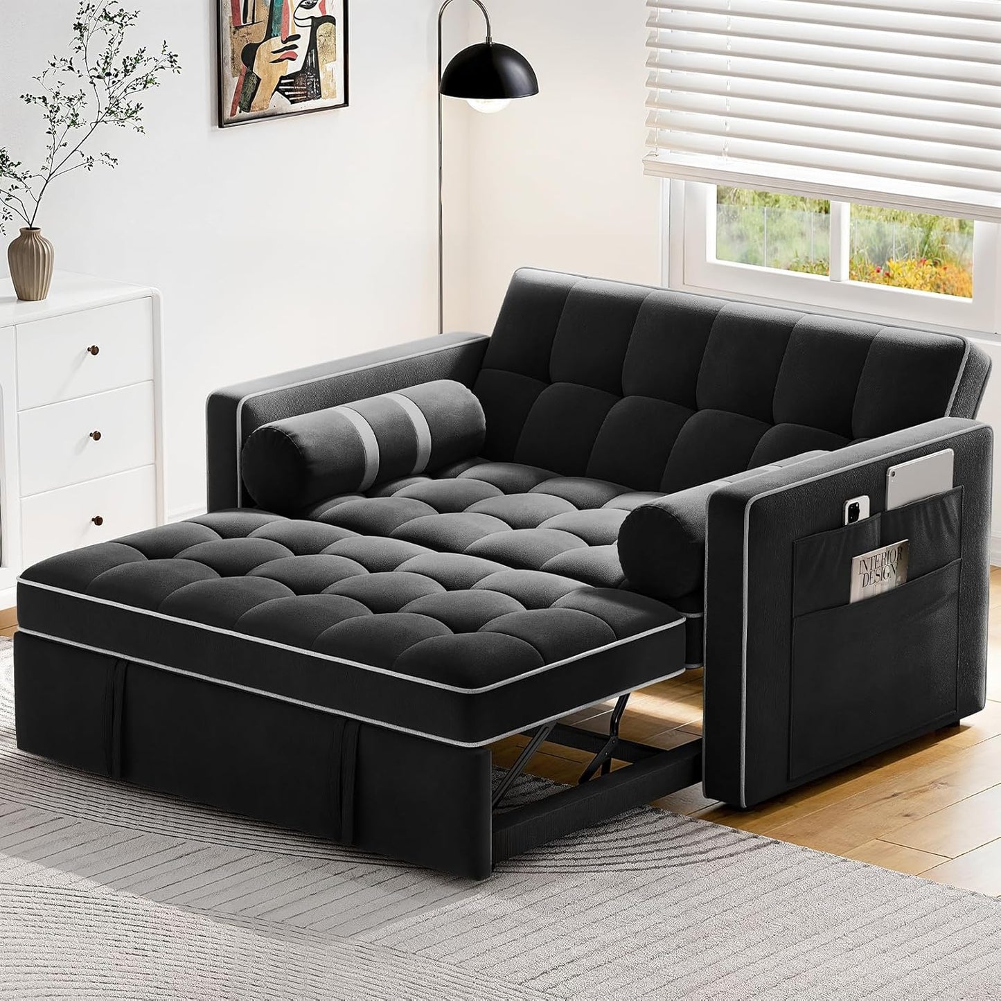 Pipishell 3-in-1 Convertible Sleeper Sofa Bed, Pull Out Couch For Living Room With USB Ports And Side Pockets, Adjustable Backrest, Velvet