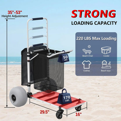 Foldable Beach Cart With Adjustable Handle And 12 In. Balloon Wheels, Heavy Duty Aluminum 220lbs Capacity
