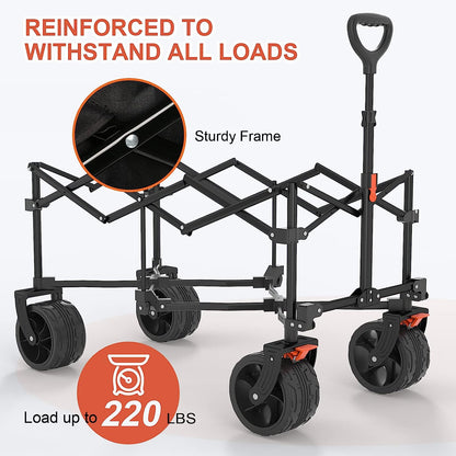 Navatiee Collapsible Folding Wagon Beach Wagon Cart Heavy Duty Foldable With Big Wheels Utility Grocery Wagon With Side Pocket And Brakes For