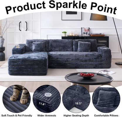 Cloud Sectional Couch With L-Shape Chaise, Modern Modular Sofa With Deep Seat, Built-In Cup Holder And Storage Pocket For Living Room Bedroom