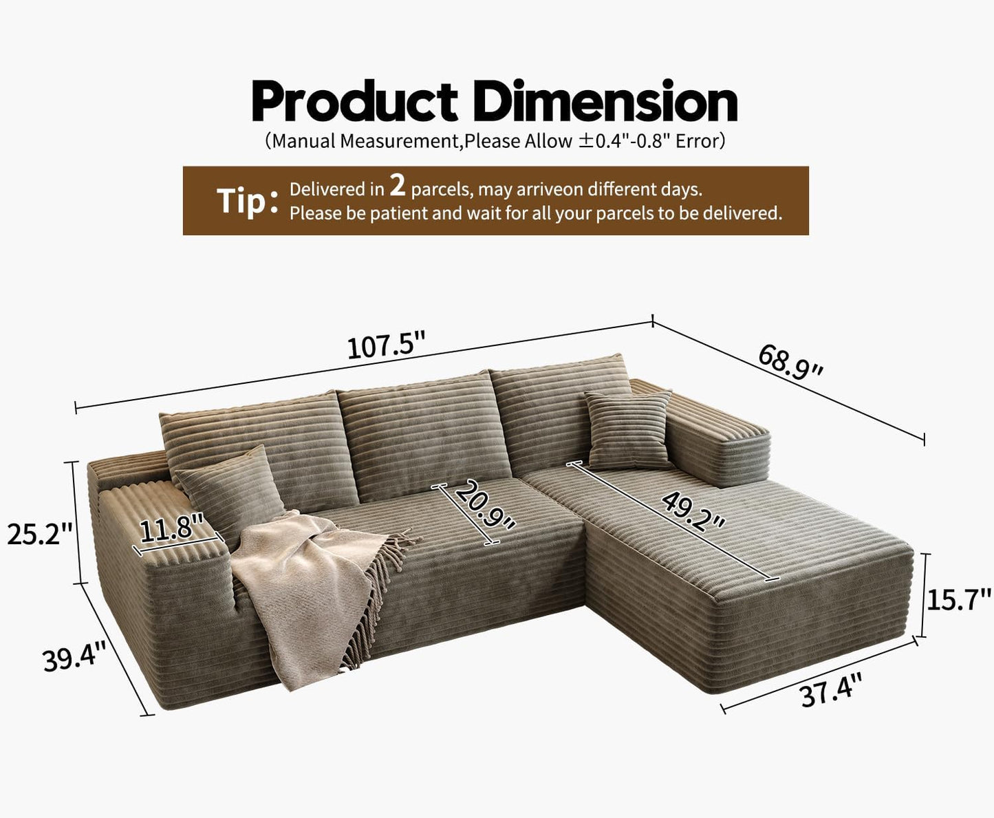 107.5 In. Cloud Modular Sectional Sofa Couch With L-Shape Chaise, Modern Minimalist Upholstered Couches For Living Room Bedroom
