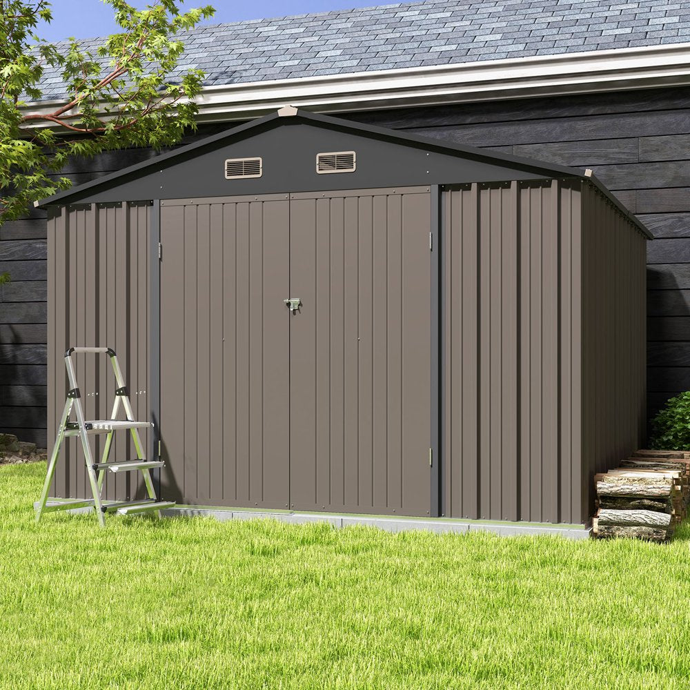 Patiowell 10 x 10 Ft. Metal Storage Shed, Sloping Roof, Double Lockable Doors, Galvanized Steel, Coffee Brown