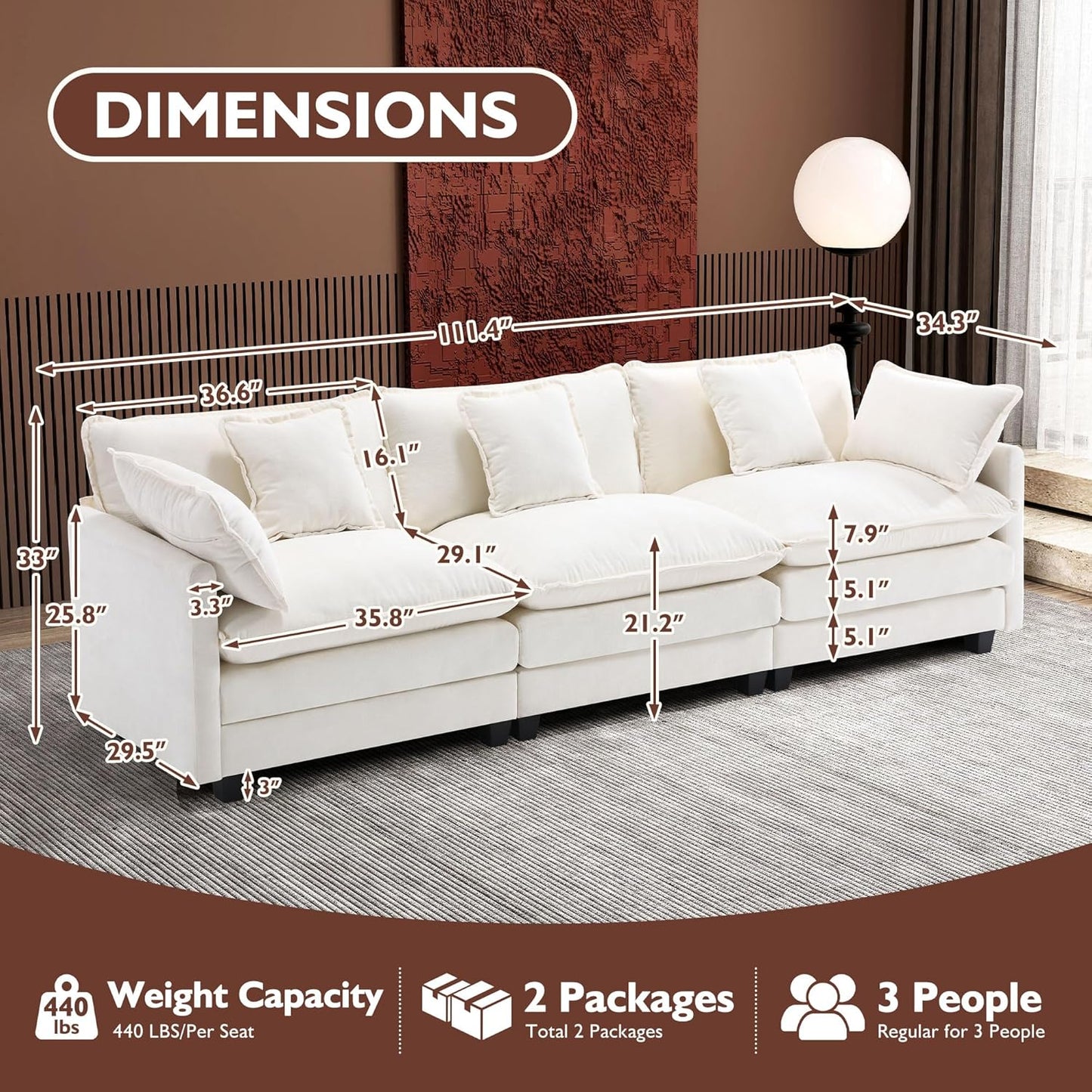 111.4 In. L-Shaped Modern Sofa Modular Cloud Sofa Ottoman 4-Seater Chenille Deep Seat Sofa