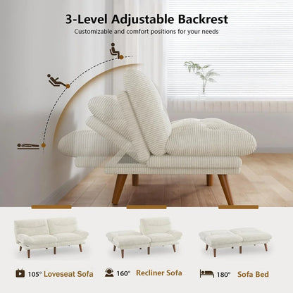 Pipishell Convertible Futon Sofa Bed, 66 In. Corduroy Futon Couch With Adjustable Backrest And Armrests, Recliner Sleeper Sofa For Small Spaces