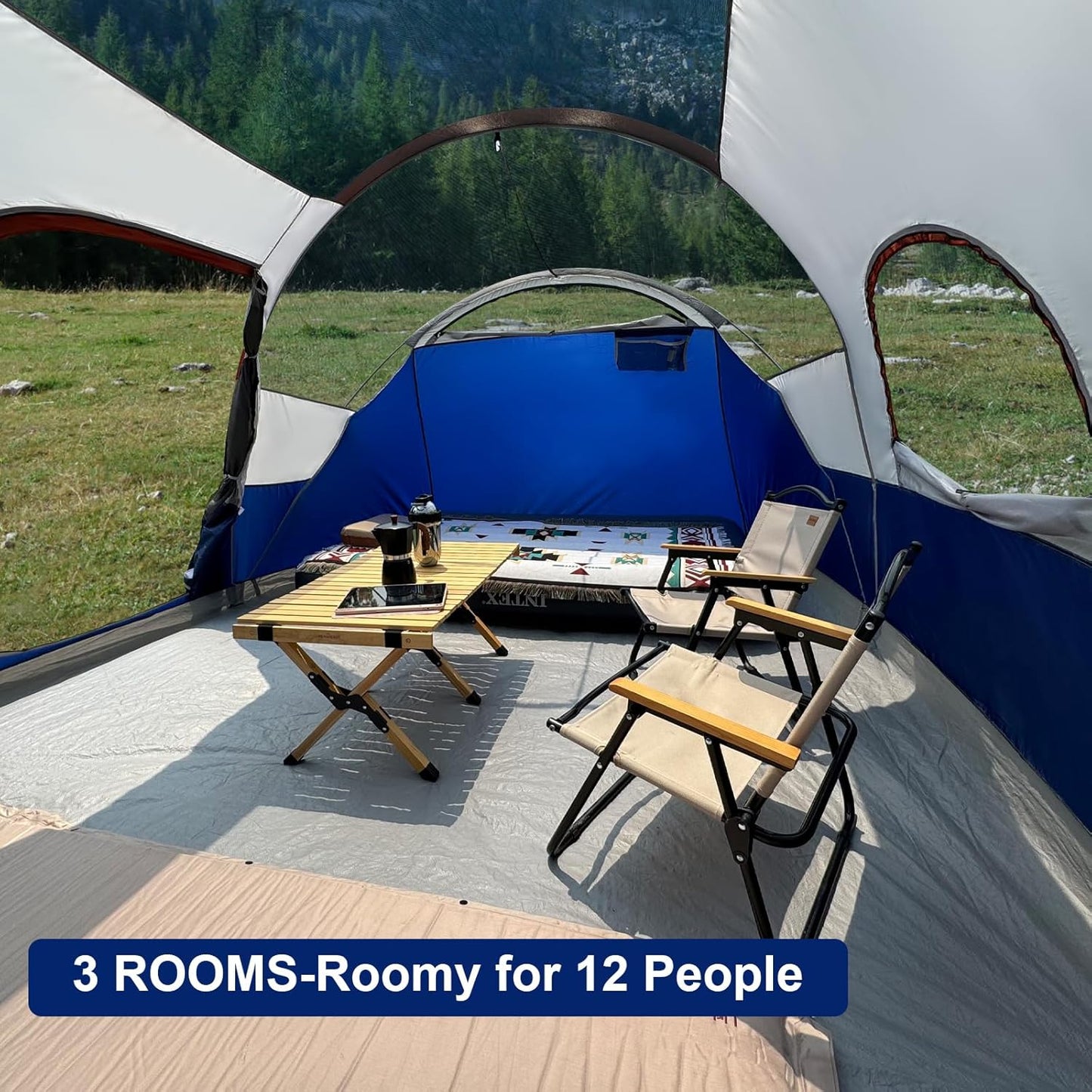 Campros Cp Tent 12-Person-Camping-Tents, 3 Room Family Tents, Waterproof Windproof Family Tent With Top Rainfly, 6 Large Mesh Windows