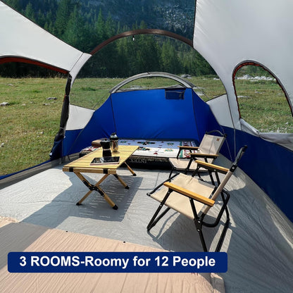 Campros Cp Tent 12-Person-Camping-Tents, 3 Room Family Tents, Waterproof Windproof Family Tent With Top Rainfly, 6 Large Mesh Windows