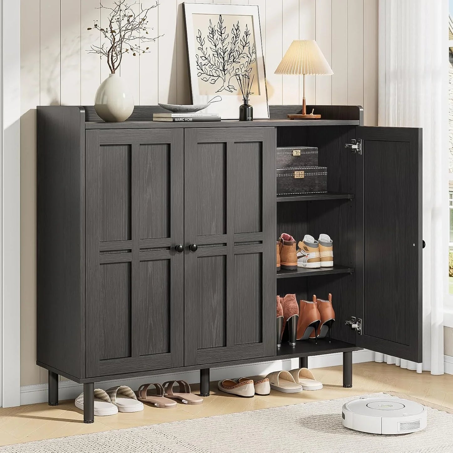 Onbrill Shoe Cabinet With 3 Doors And Adjustable Shelves, 30 Pairs Shoe Storage Cabinet