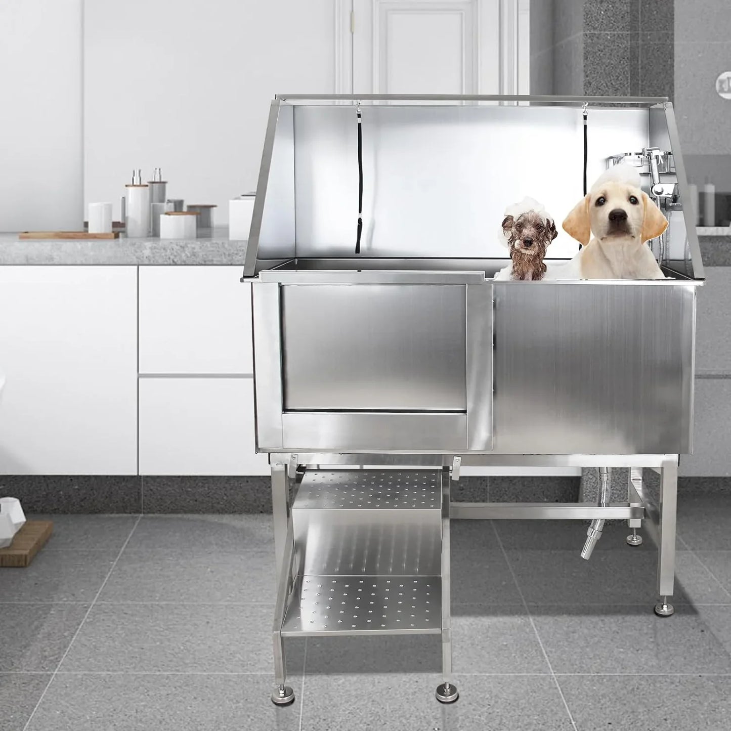 50 In. Dog Wash Bathtub, Pet Wash Station, Professional Stainless Steel Dog Grooming Tub With Ramp, Faucet, Sprayer, Drain Kit, Right Door