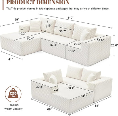 110 Cloud Sectional Couch, Boneless Sofa For Living Room Modular Sectional Sofa With Deep Seat