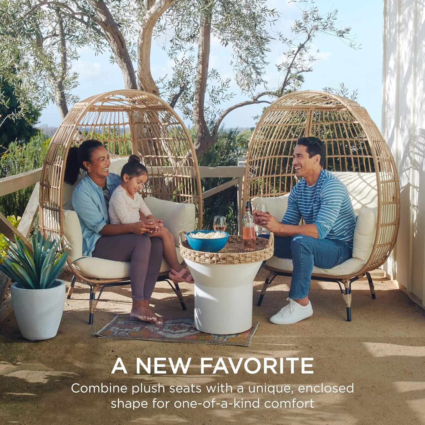 Best Choice Products Wicker Egg Chair Oversized Indoor Outdoor Lounger For Patio Backyard Living Room W/4 Cushions Steel Frame 440lb Capacity- Ivory