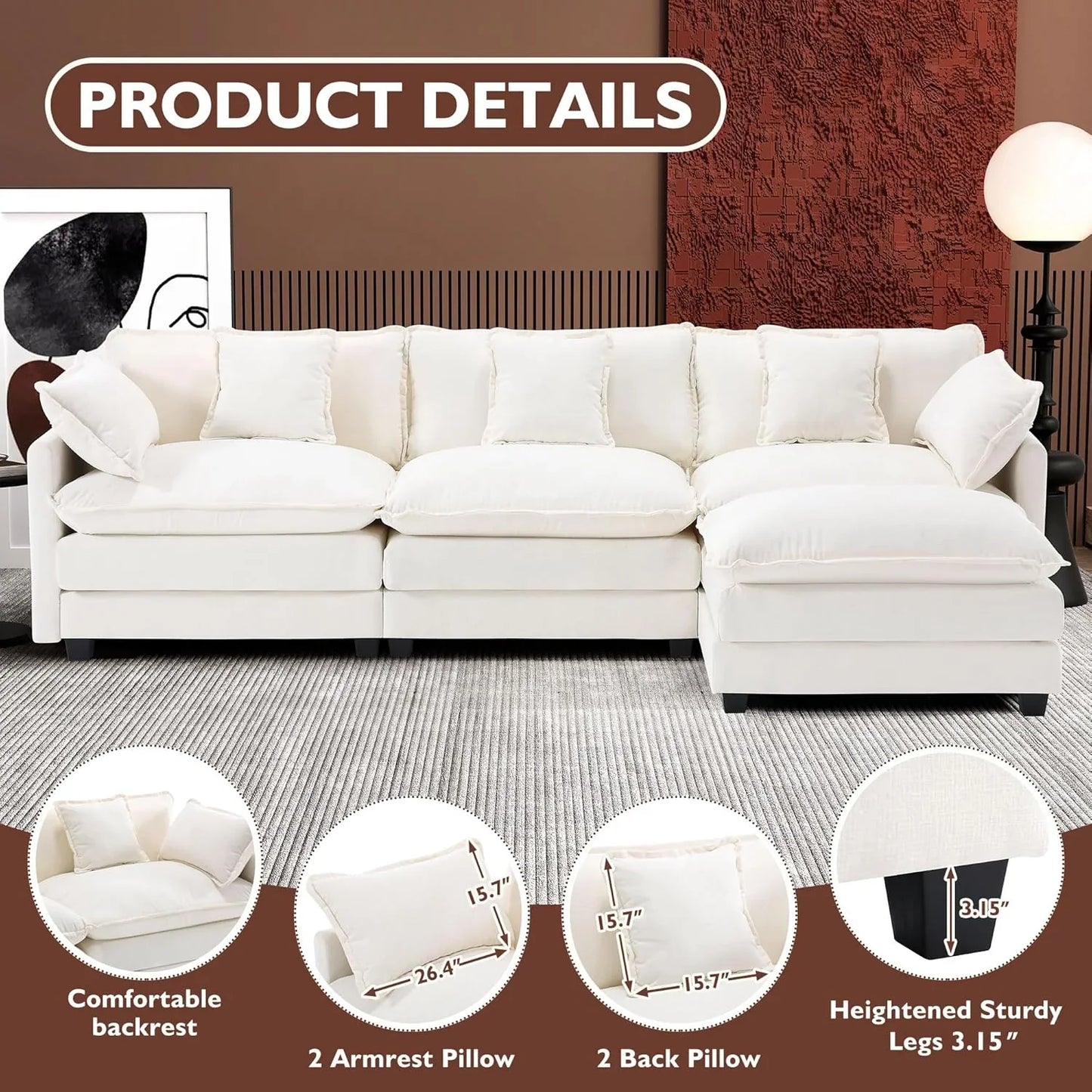 Ihanherry 146 In. U-Shaped Modern Sofa Modular Sectional Cloud Couch With 2 Ottoman