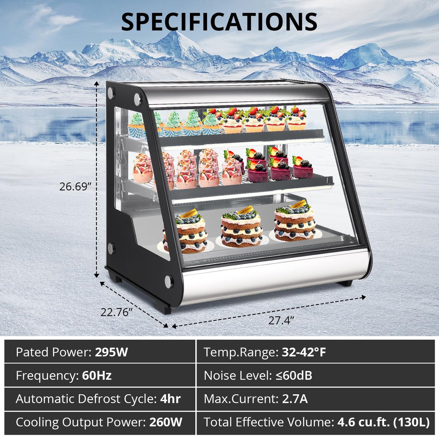 Commercial Refrigerator Display Case 130L, 4.6 Cu. Ft., Auto Defrost, Tempered Glass Plus LED Lighting, Countertop Commercial Use