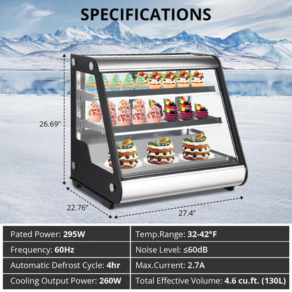 Commercial Refrigerator Display Case 130L, 4.6 Cu. Ft., Auto Defrost, Tempered Glass Plus LED Lighting, Countertop Commercial Use