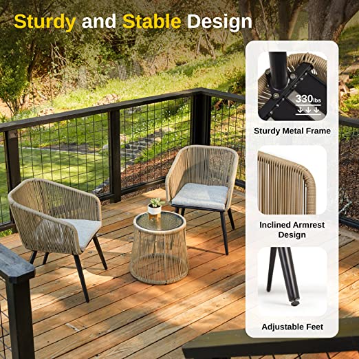 Patio Furniture Set 3-Piece Outside Bistro Set Handwoven Rattan Wicker Chairs With Waterproof Cushions Tempered Glass Table Outdoor Conversation