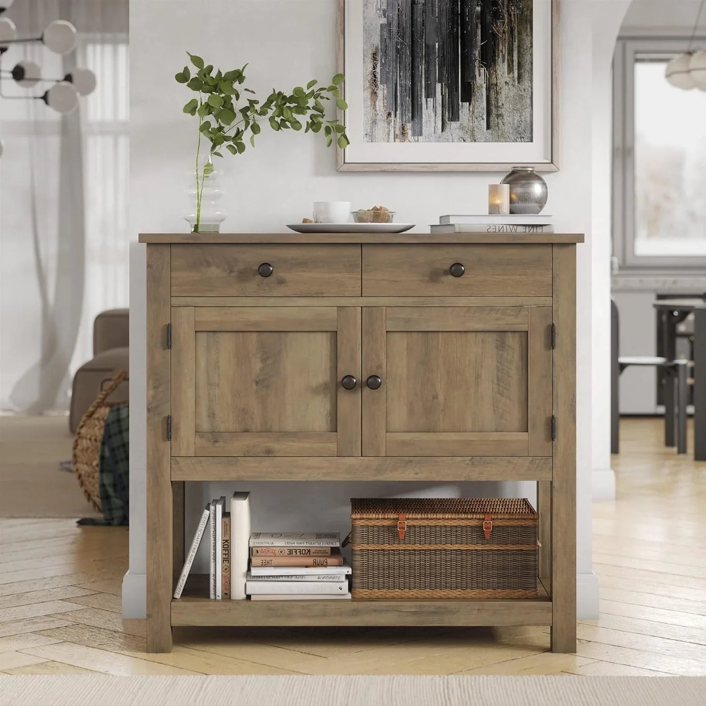 Hostack Farmhouse Console Table With 2-Door Cabinet And 2 Drawers, Coffee Bar, Entryway Table With Storage Shelf