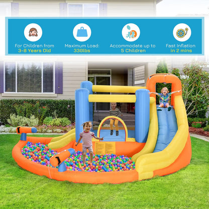 Kids Inflatable Water Slide 5-in-1 Bounce House Water Park Jumping Castle With Water Pool, Slide, Climbing Walls, And 2 Water Cannons, 450W Air Blower