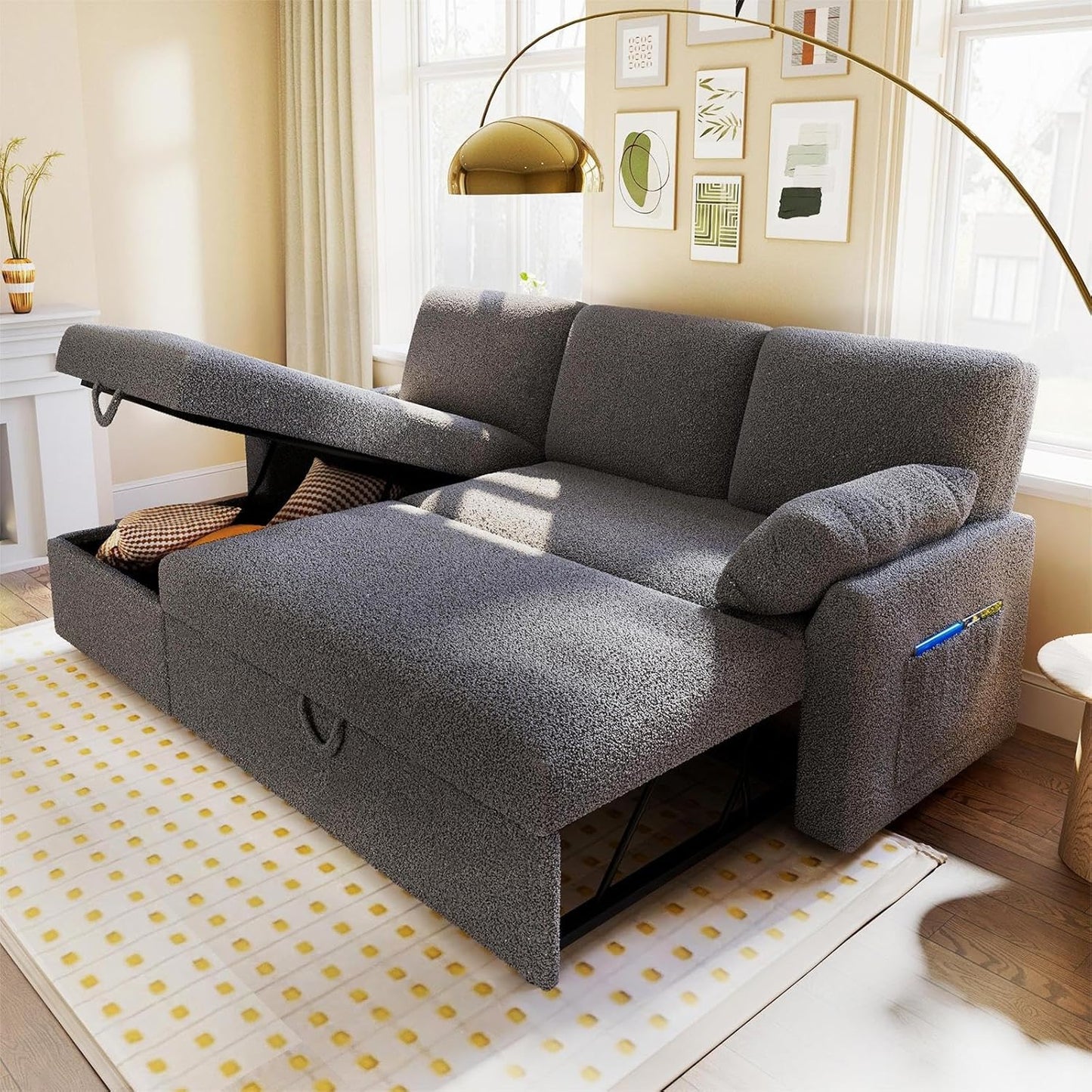 VanAcc Sofa Bed, Sleeper Sofa With Storage Chaise 2-in-1 Pull Out Couch Living Room