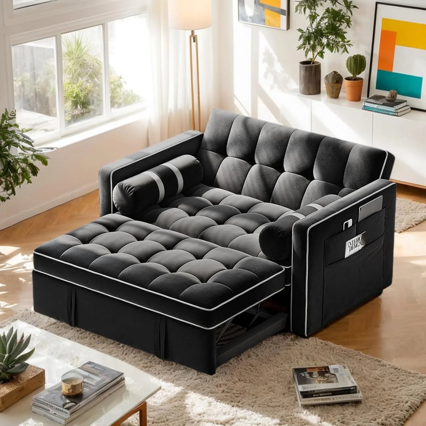 Pipishell 3-in-1 Convertible Sleeper Sofa Bed, Pull Out Couch For Living Room With USB Ports And Side Pockets, Adjustable Backrest, Velvet