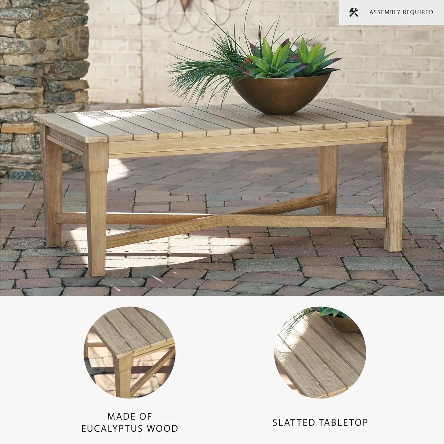 Signature Design By Ashley Clare View Coastal Outdoor Patio Eucalyptus Sofa With Cushions, Beige