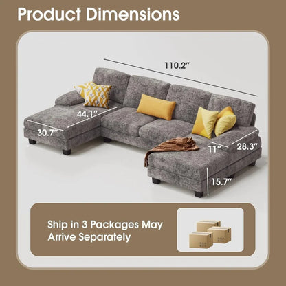 Furmax Sectional Couches For Living Room, U-Shaped Sofa Couch With Linen Fabric, 4 Seat Sofa Set With Double Chaise For Apartment, Fabric, Grey