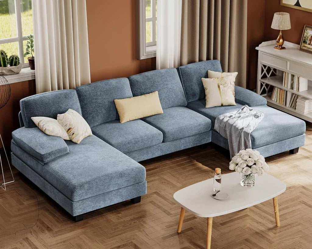 Furmax Sectional Couches For Living Room, U-Shaped Sofa Couch With Linen Fabric, 4 Seat Sofa Set With Double Chaise For Apartment, Fabric, Grey